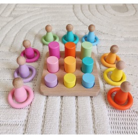 Waldorf Eşleştirme Tablalı Silindir  Halka  Peg Bebek Seti - (9 Renk)
