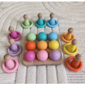 Waldorf Eşleştirme Tablalı Top  Halka  Peg Bebek Seti - (9 Renk)